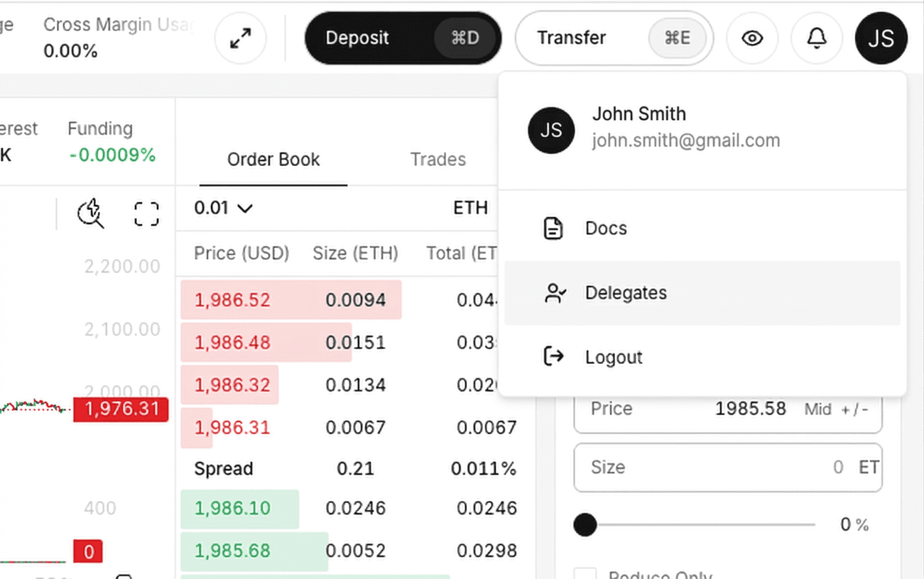 Profile menu with Delegates option
